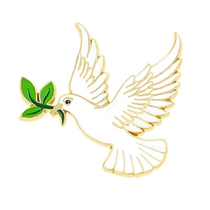Broche colombe de la paix en émail avec ailes blanches et branche d'olivier en or