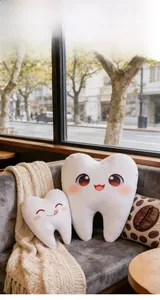 Détail de mignons coussins en peluche dent avec visages de dessins animés sur canapé