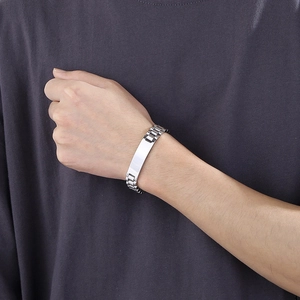 Silver stainless steel watch-band style ID bracelet for men and women on wrist