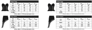 Size chart detail for strapless boned top and lace-up irregular skirt set with dimensions