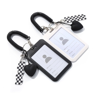 Checkerboard card holder set with black heart charm and spring lanyard for women