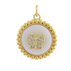 Detailed close-up of golden round pendant with white shell inlay and zircon butterfly