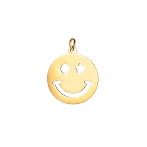 Golden round smiley face pendant with star-shaped eye cutout and polished metal finish