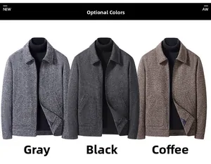 Detail of wool blend jackets in gray, black, and coffee colors with textured fabric