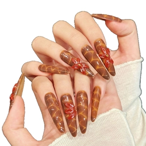 Braune Stiletto-Nägel zum Aufkleben mit Rissmustern und roten 3D-Blütenakzenten