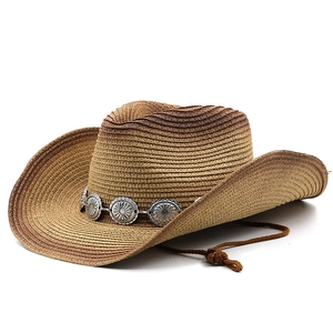 Brauner Stroh-Cowboyhut mit Farbverlauf, metallischem Sonnenblumenband und Kinnriemen