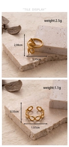 Detailed tile display of gold snake and chain rings with specific weight and size specs