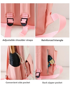 Pink backpack details showing adjustable straps, side pockets, and anti-theft back pocket