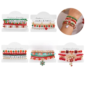 Christmas multilayer beaded bracelet set with Santa Claus and snowflake charms