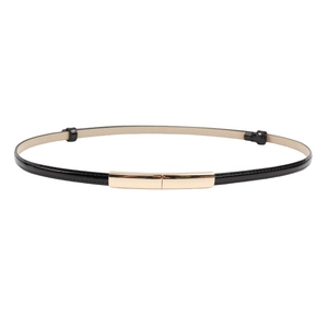 Elegant thin black patent leather belt with a polished gold rectangular metal buckle