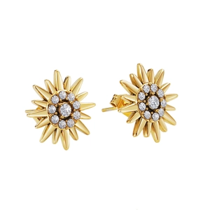Elegant gold sunflower stud earrings with white rhinestones in vintage French style