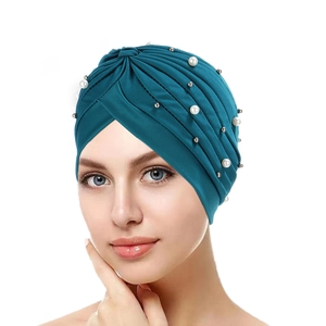Peacock blue pleated turban hat for women with pearl and silver bead embellishments