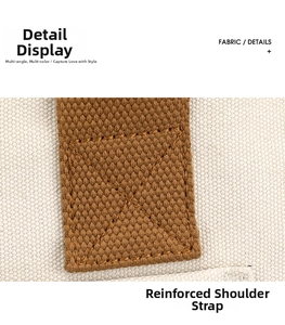 Canvas tote bag shoulder strap detail, durable heavy-duty stitching craft for daily use.
