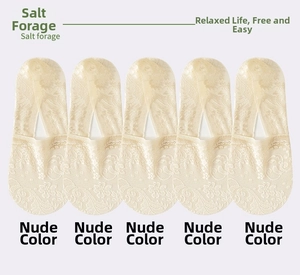 Detailed view of beige floral lace invisible socks with non-slip heel grip design