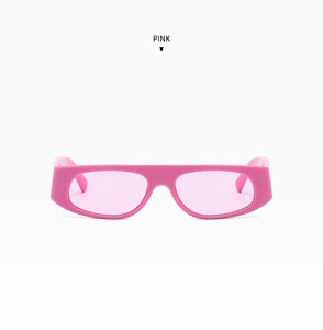 Front view of pink rectangular sunglasses with wide temples and integrated lenses