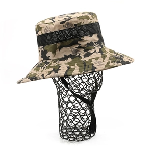 Outdoor camouflage sun hat with breathable mesh and adjustable windproof cord