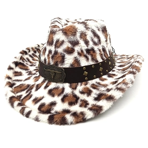Detail of leopard print faux fur cowboy hat with studded leather band and bull buckle