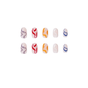 Colorful wave art line press on nails with 10 piece oval abstract wavy pattern set