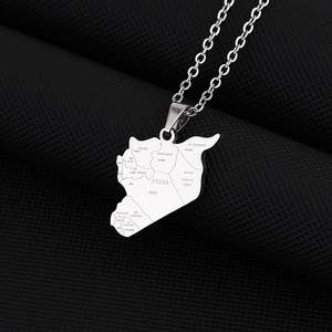 Detailed view of silver titanium steel necklace featuring a Syria map pendant with city names