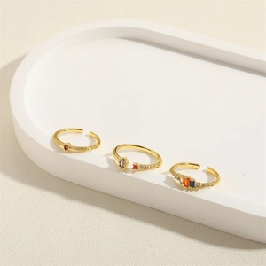 Adjustable gold plated open rings set with colorful marquise and drop zircon stones