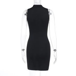 Detailed back view of sleek black high-neck bodycon mini dress on a display mannequin