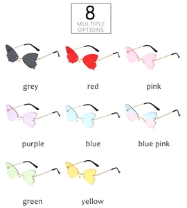 Detail of butterfly-shaped rimless sunglasses in eight vibrant ocean-toned lens colors