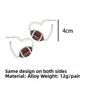 Detail of 4cm silver heart-shaped hoop earrings with brown american football pattern