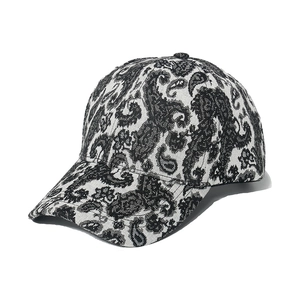 Retro paisley pattern baseball cap in black and white fabric with a curved brim