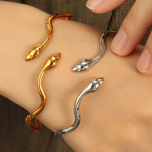 Minimalist 18k gold and silver stainless steel snake shaped open bangles for women