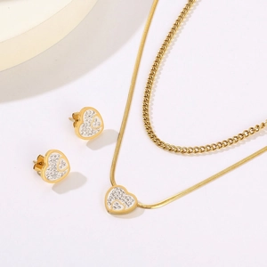 Set Di Gioielli In Acciaio Inossidabile Da Donna Collana A Doppio Strato Catena A Serpente Ciondolo A Cuore Goccia Strass Orecchini Placcato Oro