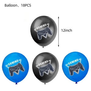 Close-up of 12-inch black and blue gaming theme balloons with gamepad patterns