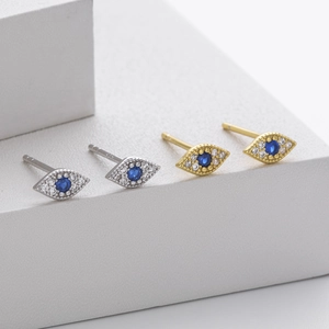 S925 sterling silver evil eye stud earrings with blue stones and zircon stones