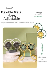 Detail of portable neck fan with adjustable metal hose and dual cooling fan heads