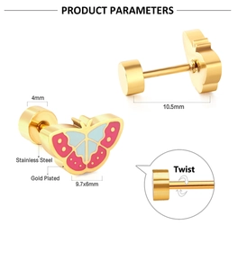 Detail of gold plated stainless steel butterfly earring with pink enamel and twist back