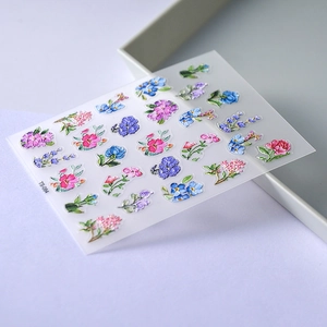 5D embossed floral nail art stickers with gold details and mixed flowers design TS-084