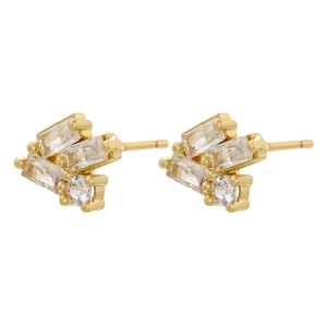 Macro shot of 18K gold plated T-shape studs with claw-set rectangular and round zircons