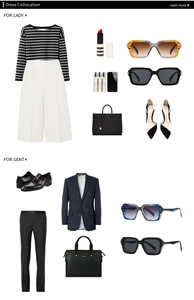 Flat lay of men's and women's fashion outfits featuring pilot sunglasses and formal wear