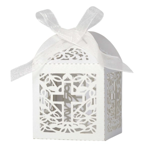 White hollow cross favor box with ribbon for wedding and candy gift packaging