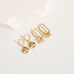French vintage gold drop earrings with star and tree of life pendants in colorful zircons