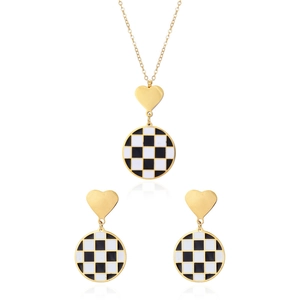 French Style Metal Heart Checkerboard Pattern Necklace And Earrings Enamel Effect Jewelry Collection For Women Fashion Jewelry Gift