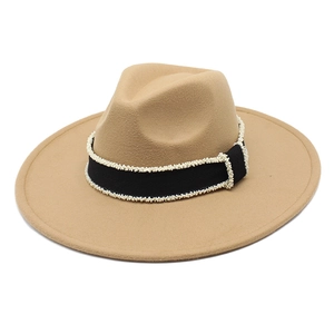 Classic wide brim wool felt jazz hat in camel with pearl beaded black ribbon trim