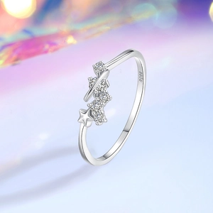 S925 sterling silver starry sky ring with sparkling zircon star and planet charms