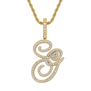 Close-up of 18K gold plated cursive letter pendant with micro-pave zircons and rope chain