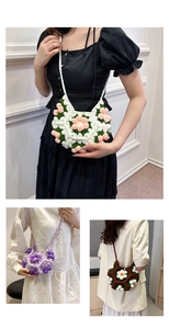 Close-up of handmade 3D puff flower crochet bag showing intricate knitted texture and detail