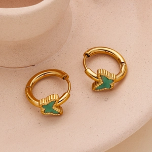 Gold stainless steel hoop earrings featuring green butterfly pendants with malachite texture