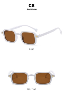 Detailed side and front view of white square sunglasses with gold metal dots and brown lenses