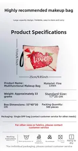 Detail view showing a 17x25cm beige linen makeup bag with red hearts and love print