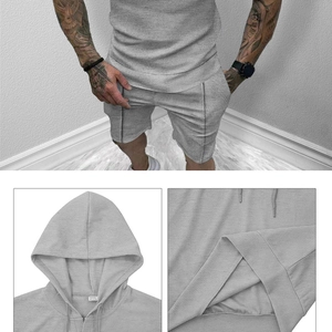 Detail view of grey waffle knit texture and hooded design on men summer casual outfit set