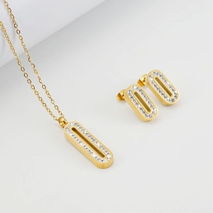 Parure de bijoux en acier inoxydable doré avec pendentifs rectangulaires et strass