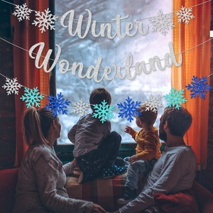 Bannière Winter Wonderland avec lettres pailletées et guirlande de flocons de neige